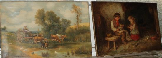 Victorian School, Children in an interior, indistinctly signed, oil on canvas (a.f) and a rural landscape, oil